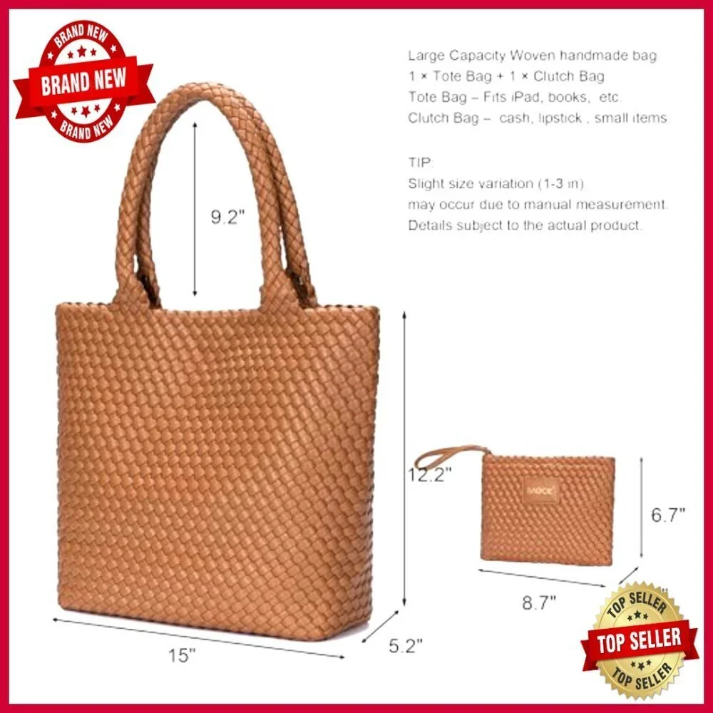 Large Woven Leather Tote Bag for Work Travel Beach Shoulder Handbag